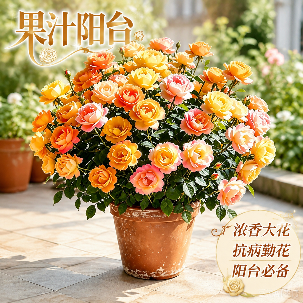 淘宝天猫电商主图，1:1正方形，画面主体为果汁阳台月季花盆栽，… - 图片创意预览