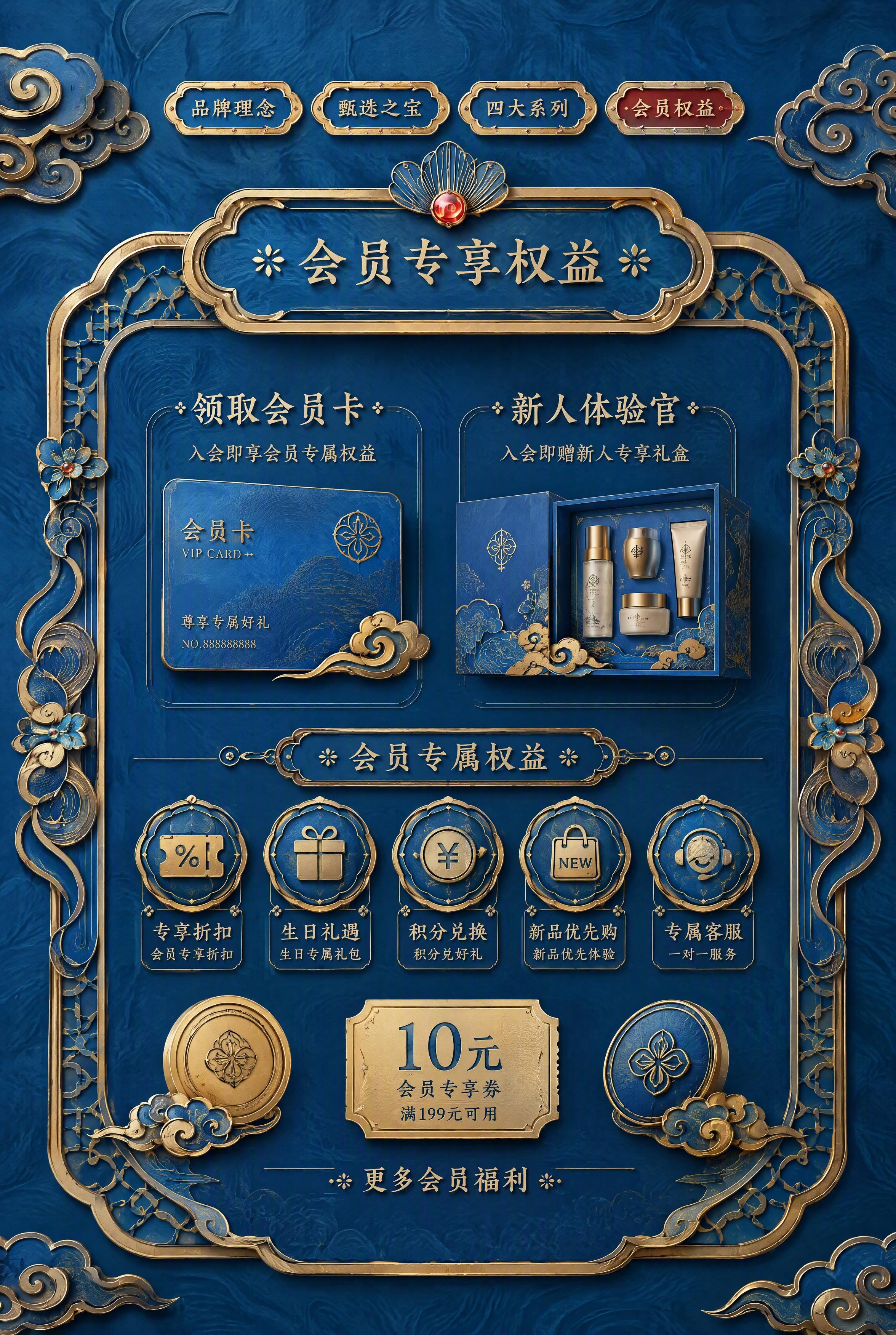 国潮东方风电商详情页会员权益模块，深蓝鎏金立体浮雕风格。顶部四… - 图片创意预览