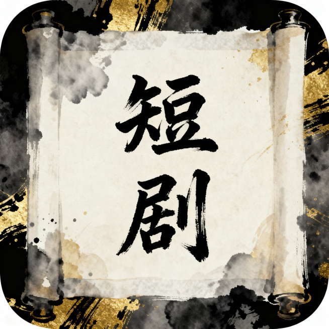 古风短剧头像，背景是水墨卷轴，中心是毛笔书写的"短剧"两个字，国风雅致设计，黑色鎏金配色，1:1方形构图，适合文化类短剧账号预览效果