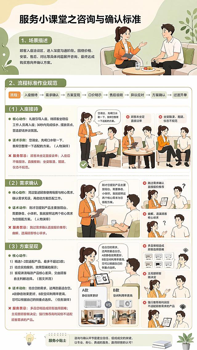 标题：服务小课堂之咨询与确认标准
1、场景描述
顾客入座洽谈区，进入深度沟通阶段。围绕价格、安装、售后、对比等具体问题展开咨询，最终达成购买意向并确认方案。
2、流程标准作业规范
流程：入座接待—需求确认—方案呈现—口价明示—售后说明—异议应对—方案确认—过渡开单
（1）入座接待
核心动作：礼貌引导入座，待顾客坐稳后工作人员再入座；30秒内完成续水、摆放茶点，营造舒适洽谈氛围。
话术示例：您请坐，先喝口水歇一下，我帮您整理一下适配的方案。（人物演绎）
服务禁忌：顾客未坐定直接谈单；入座后不做服务、直接推销；坐姿散漫、翘腿，仪态不规范。（图文并茂）
（2）需求确认
核心动作：简洁复述顾客使用场景与核心需求，确认需求无误，再启动方案匹配工作。
话术示例：刚才您提到产品主要放阳台，需要静音、小体积，我就按照这两个核心需求为您搭配方案。（人物演绎）
服务禁忌：跳过需求确认直接报价推荐；曲解、遗漏顾客核心诉求。
（3）方案呈现
核心动作：
1）精选1-2款适配产品，最多不超过3款；
2）结合实拍案例、效果图辅助展示；
3）客观讲清每款产品核心差异，交由顾客自主判断选择。（图文并茂）
话术示例：结合您的需求，这两款最适合您。A款静音效果更好，B款空间利用率更高，您可以根据自己的侧重点选择。（任务演绎）
服务禁忌：多品堆砌造成顾客选择困难；主观替顾客做决定；强行推荐高利润但不适配顾客需求的产品。 请根据以上文字内容生成海报，适用于培训。1、内容要求：要求完整保留所有原文文字，一字不删减修改，所有内容完整呈现，不能加其他的文字；海报要以图文并茂的方式展现，错落有致，图片不要占比太大，图文比例要协调，图片不要太方正，要灵动，标题区块与正文区块分层配色，打造视觉层次感，禁止通篇单色。2、风格：卡通风格（偏漫画风），极简高级清新低饱和配色，布局错落有致、饱满；2、人物：扎马尾女员工（橙色外套、黑色长裤、黑色皮鞋）、男顾客（白色短袖、黑色长裤、黑色鞋子）3、标题：服务小课堂之浏览选购；标题区域占比要小，标题要有样式，版面协调不头重脚轻。4、字体要求：全文字体统一微软雅黑，仅标题加粗，所有正文使用微软雅黑细体。5、颜色要求：文案中的负面，不足类内容使用专属区分色标注；整体主次分明，风格自然清新。