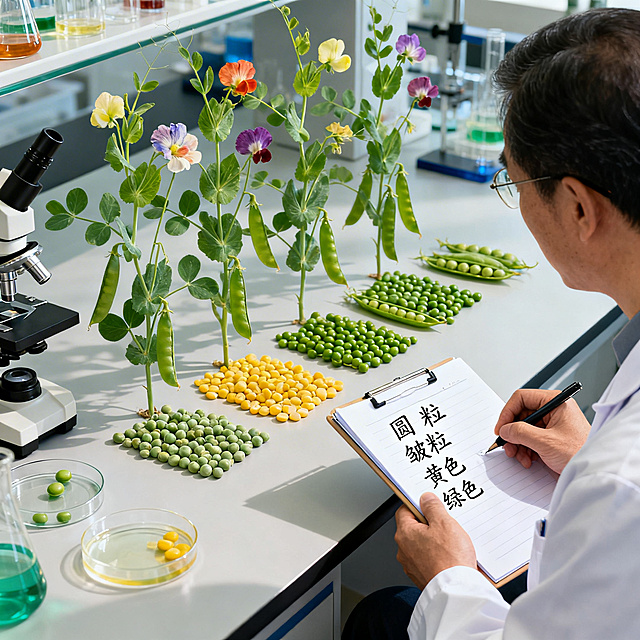孟德尔豌豆杂交实验场景，展示不同性状的纯种豌豆植株，科学家正在观察记录豌豆性状表现，科学科普风格，高清明亮