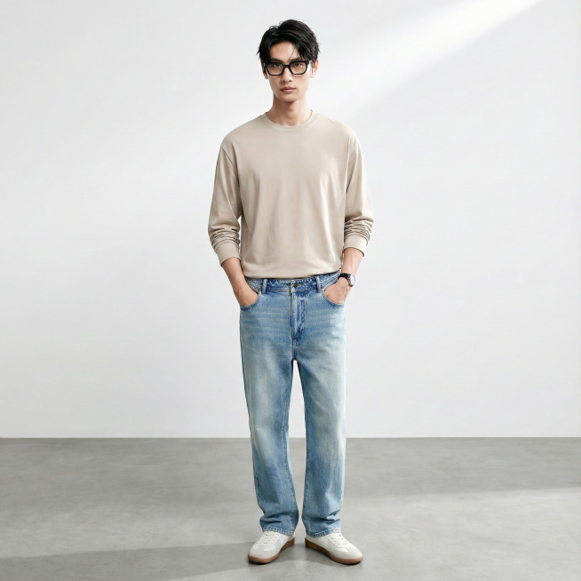 把白底图的衣服穿到模特身上
场景:灰色地面与白色背景，光线自然，背景简洁
画质要求:写实，8k，高细节，对焦清晰，光线自然，无变形预览效果