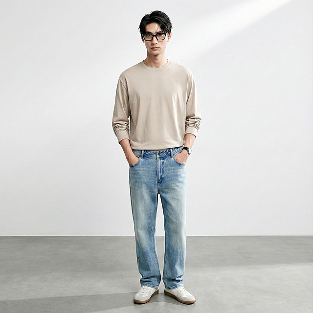 把白底图的衣服穿到模特身上
场景:灰色地面与白色背景，光线自然，背景简洁
画质要求:写实，8k，高细节，对焦清晰，光线自然，无变形