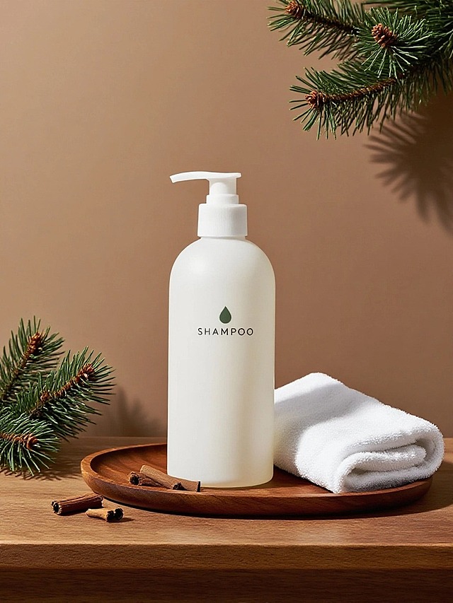 商业静物摄影。主体置于原木桌面的木质托盘上（折叠的白色毛巾和小段沉香点缀），后景是棕色背景和小束雪松。简约高级的光影。