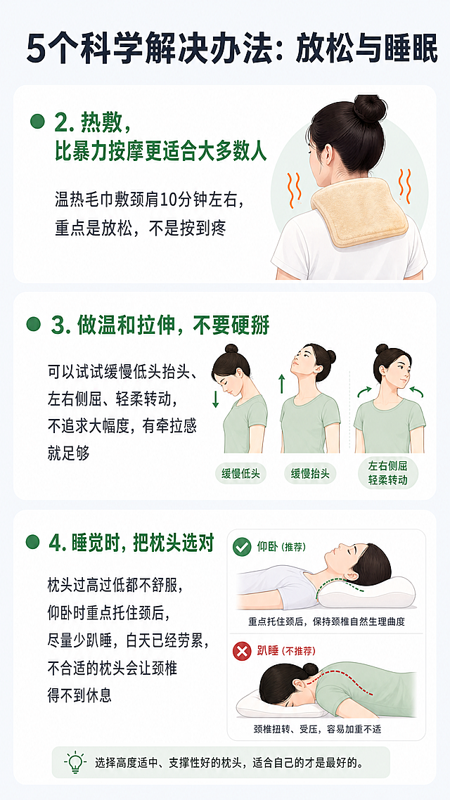 第1页｜封面
颈椎病不要再乱按摩
4个误区越做越严重
副标题：上班族必看｜5个科学护颈方法

第2页｜情绪共鸣页
你是不是也这样？

坐久了脖子像“卡住”一样
转头会咔咔响
低头看手机一会儿就酸胀
按摩、贴膏药，当下舒服，过几天又犯
不是你一个人这样。
很多上班族的颈椎不适，都是这样一点点熬出来的。

第3页｜误区1+误区2
颈椎不适的第1个误区：
一痛就大力按摩、随便正骨
很多人觉得脖子疼，就是“堵住了”。
于是找人使劲按、自己掰脖子、随便扭一扭。

但问题是：
颈部不是“越按越松”，而是越暴力越容易刺激。

大力按摩可能加重肌肉和小关节负担，
不规范的颈部手法，风险更大。
尤其如果已经出现头晕、手麻，更不能乱来。

第2个误区：
只靠膏药和止痛药
贴膏药、吃止痛药，
只能暂时缓解不适，
但并没有解决真正的问题：

久坐姿势不对
颈肩肌肉一直紧
屏幕太低，天天低头
睡姿和枕头不合适
所以很多人会反复经历：
缓一下 → 又复发 → 再更难受。

第4页｜误区3+误区4
第3个误区：
年轻就不用护颈
很多上班族会说：
“我才二十多三十岁，颈椎哪有那么脆弱。”

但现实是，
现在最伤颈椎的，恰恰就是年轻人常见的生活方式：

长时间对电脑
一直低头看手机
久坐不动
熬夜、睡姿差
年龄小，不代表颈椎没压力。
年轻不是护身符，透支才最可怕。

第4个误区：
脖子不舒服就疯狂转、甩、扭
不少人一难受，第一反应就是：
“我转转脖子就好了。”

但过快、过猛、大幅度甩脖子，
反而可能让肌肉更紧、关节更受刺激。
已经有颈椎不适的人，更要避免暴力活动。

真正有用的活动，是温和、缓慢、可控。

第5页｜5个科学解决办法：源头调整
1. 先把姿势调对，比什么都重要
办公时：
电脑屏幕尽量和视线平齐
背部尽量有支撑，不要含胸驼背
每坐 40分钟 就起来活动 5分钟
看手机时：
把手机尽量举高，不要一直低头
连续看手机 15分钟左右 就停一下
看文件时：
尽量用支架/文件夹抬高
少做“低头盯文件”的动作
很多颈椎问题，不是治不好的问题，
而是每天都在重复制造问题。

第6页｜5个科学解决办法：放松与睡眠
2. 热敷，比暴力按摩更适合大多数人
温热毛巾敷颈肩 10分钟左右
重点是放松，不是“按到疼”
3. 做温和拉伸，不要硬掰
可以试试：

缓慢低头、抬头
左右侧屈
轻柔转动，不追求幅度
原则只有一个：
有牵拉感就够了，不要追求“掰开”的感觉。

4. 睡觉时，把枕头选对
枕头过高、过低都不舒服
仰卧时重点托住颈后
尽量少趴睡
有时候白天已经够累了，
晚上再用不合适的枕头，
颈椎根本没机会休息。

第7页｜5个科学解决办法：强化支撑+日常防护
5. 练一点点肌肉，颈椎真的会轻松很多
颈椎稳定，不只靠“骨头”，
也靠周围肌肉支撑。

上班族可以做一些温和训练：

动作1：靠墙收下巴
后背贴墙
下巴轻轻内收
保持 10 秒，重复几次
动作2：靠墙夹背
肩胛骨向中间轻轻夹紧
感受上背部发力
动作3：轻度背部激活
重点不是做猛，而是规律做
还有这些细节也重要：
空调别直吹颈肩
背包尽量双肩背
别长期单侧挎包
低头太久后，记得抬头远眺

第8页 最后想说：

上班族的颈椎，真的不是“矫情”。
它承受的是你每天的久坐、加班、低头和疲惫。

护颈也不是靠一次按摩、一次贴膏药，
而是从每一次少低头、每一次坐直一点、
每一次愿意起身活动开始。

别等身体用更难受的方式提醒你，
才想起来照顾自己。