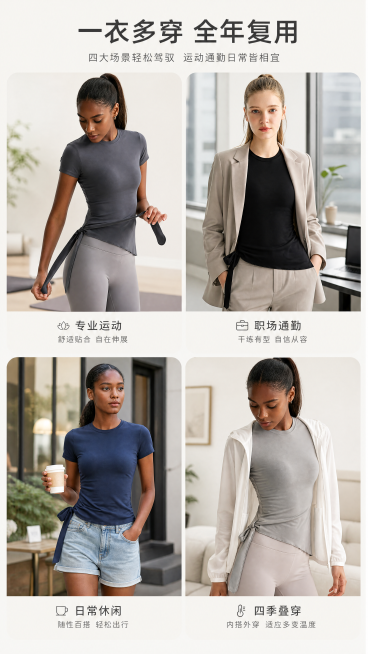 [第6屏] 全场景穿搭展示页，展示四大落地场景搭配方案。使用多色产品图拼接，保持【图1】深灰、【图3】黑色、【图4】藏蓝、【图2】浅灰颜色结构一致。
[氛围/风格] 清新种草风格，多图拼接，简约高级，预览效果
