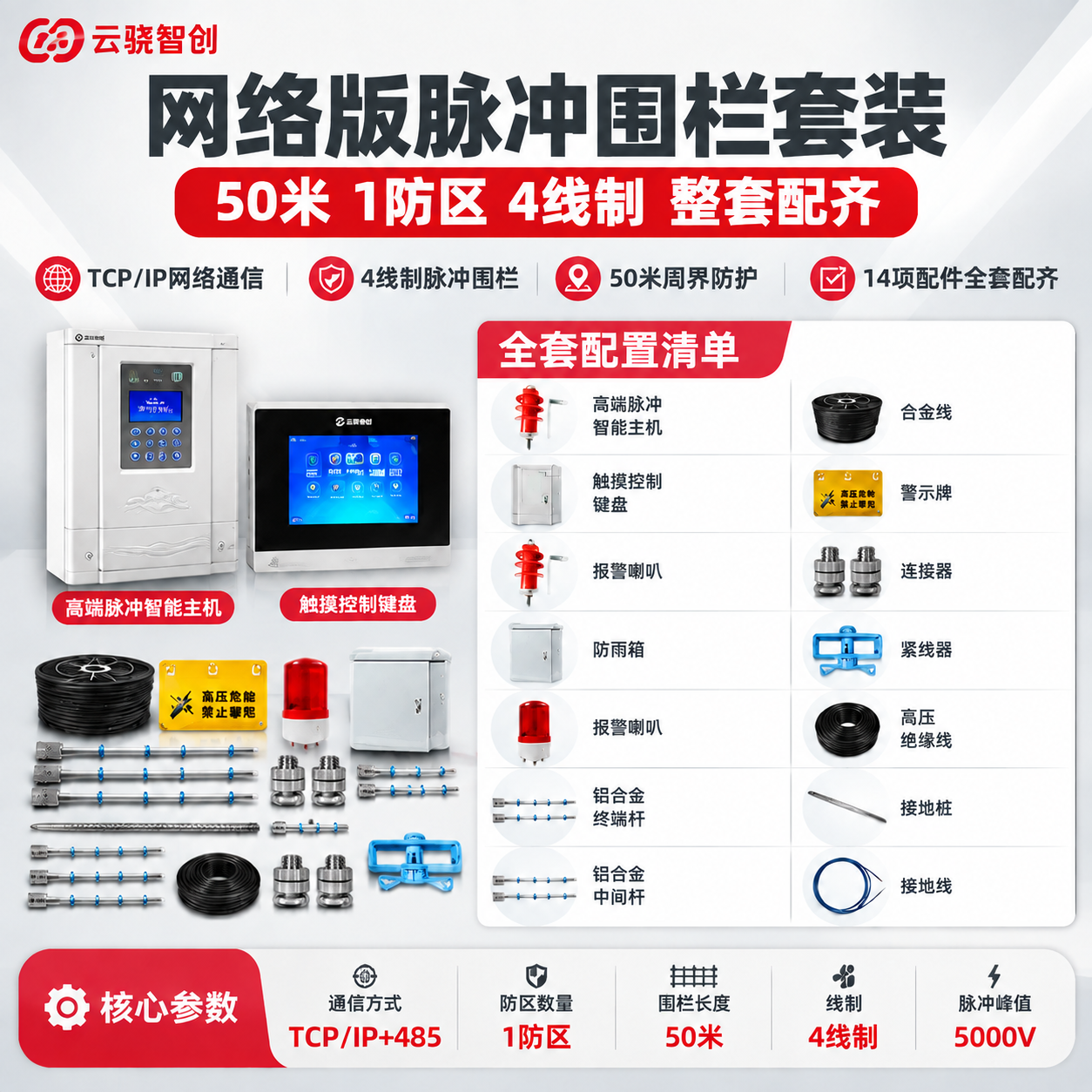 将这张网络版50米1防区脉冲围栏套装主图的产品展示区（左侧主机… - 图片创意预览
