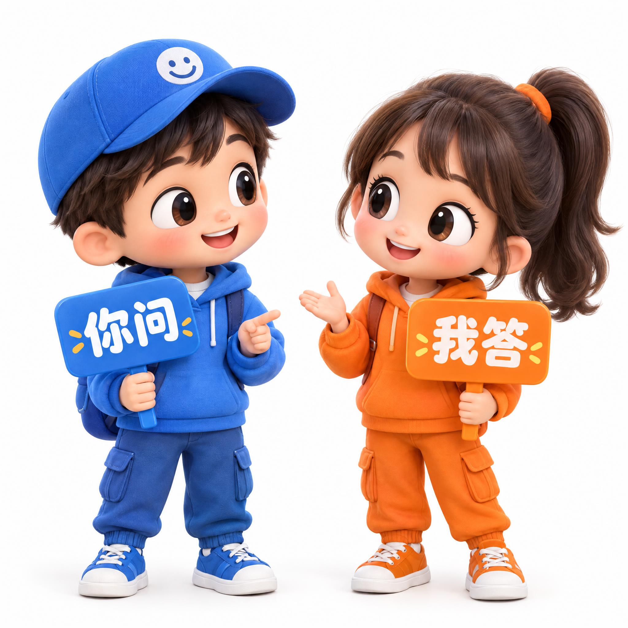 3D卡通风格，两个可爱的卡通人物双人互动问答场景。左边人物手持… - 图片创意预览