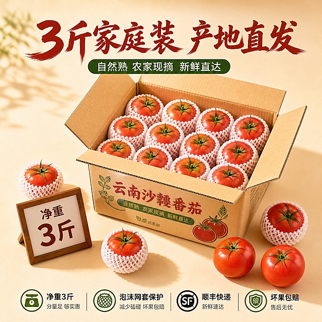 [主图-5 番茄规格图] 3斤装家庭装 规格分量展示 包装展示
[统一基调] 自然暖阳逆光 商业美食摄影 暖米色背景 主标题深棕红粗笔刷书法字 辅助文案深绿黑体 整体食欲感真实质感
[画面] 画面展示番茄的规格和包装：中央是装满番茄的环保牛皮纸快递箱，箱盖打开露出里面用泡沫网套保护的红番茄，旁边散落3-4颗带网套和不带网套的番茄做对比。旁边放一个小牌子写「净重3斤」。体现包装严实、分量足。
[光影质感] 柔和棚拍光，产品清晰立体，纸箱和番茄质感真实，底部有自然阴影，整体干净明亮。
[配色] 背景浅暖米色，纸箱牛皮纸色，番茄红色，标题深棕红色，绿色标签点缀，干净清爽。
[文字版式] 画面上方主标题「3斤家庭装 产地直发」粗笔刷书法字。画面下方用图标+文字横向排列展示：「净重3斤」「泡沫网套保护」「顺丰快递」「坏果包赔」。文字清晰不遮挡主体。
[输出要求] 1:1正方形 2048x2048 2K高清 产品包装清晰 文字清晰 无变形 无错字 无水印 无平台Logo