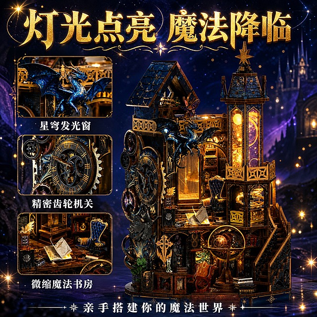 [主图-2] 核心卖点图，展示魔法星穹魔塔的灯光效果与精致细节，突出产品好玩好看。
[统一基调] 拼多多风格，大字直白，深蓝紫金奇幻魔法配色，背景为深邃星空魔法场景，带星点光晕和魔法粒子效果，主标题用金色粗体大字，辅助文字用白色，强调色为魔法蓝紫色，字体为厚重衬线体，有魔法光效装饰。
[画面] 魔法星穹魔塔拼装书立位于画面右侧，占比约55%，侧面45度角展示，重点突出右侧塔楼的发光星象窗和内部暖黄灯光，灯光从窗户和缝隙中透出，形成温暖光晕。左侧放大展示3个细节特写小图：左上是蓝色飞龙雕塑的鳞片细节特写，左中是左侧钟表齿轮机关的精密结构特写，左下是内部魔法书房桌椅书本的微缩场景特写。每个特写小图带金色边框和标注名称。
[光影质感] 商业摄影质感，暗环境下突出产品自身灯光效果，暖黄灯光与外部冷色调形成对比，木质纹理细腻，金色装饰件有金属高光，蓝色龙鳞有层次反光，特写图细节清晰锐利，整体氛围感强。
[配色] 深蓝紫暗背景，产品灯光暖黄色，金色装饰高光，蓝色龙身冷色，文字金色白色，冷暖对比强烈。
[文字版式] 顶部大标题"灯光点亮 魔法降临"金色粗体大字带发光效果。左侧3个特写小图下方分别标注"星穹发光窗""精密齿轮机关""微缩魔法书房"白色文字。底部加一行"亲手搭建你的魔法世界"白色中号字。
[输出要求] 1:1正方形，2048x2048，文字清晰不遮挡主体，产品细节清晰，灯光效果真实自然，无错字，无水印，无平台Logo。