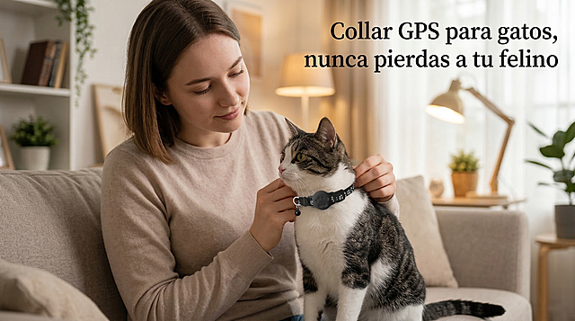 欧美人给小猫戴上黑色带爪印设计的猫咪GPS定位项圈，背景是温馨的居家客厅，画面有西班牙语文案"Collar GPS para gatos, nunca pierdas a tu felino"，风格写实，产品主体特征和原图一致