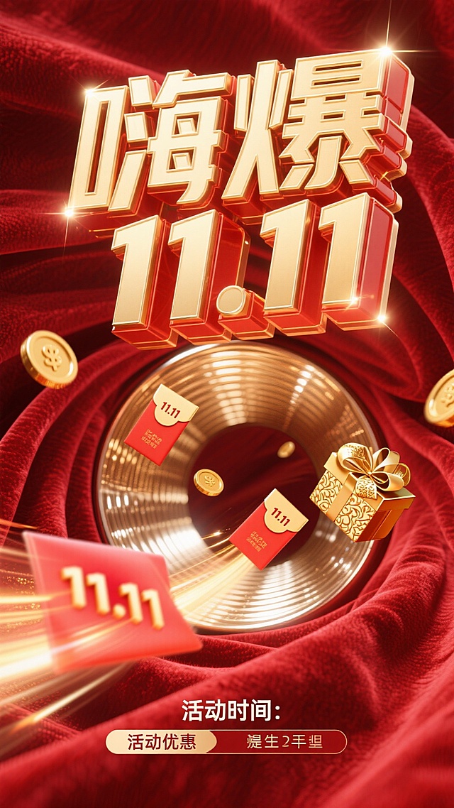 8K 超高清画质，画面以浓郁的红色作为背景主色调，仿佛是红丝绒质地，散发着奢华且热烈的光泽。醒目的标题 “嗨爆 11.11” 以立体金色大字呈现，字体边缘闪烁着光芒，极具视觉冲击力。红包如流星般从螺旋通道高速飞出，红包表面清晰印着 “11.11”，通过细腻的光影刻画，高光部分闪耀着金属质感，暗部则深邃神秘，凸显红包的立体感与动感。螺旋通道向远处的消失点延伸，通道内壁有着金属的光泽和纹理，营造出强烈的空间纵深感。通道内部有几个礼盒与金币不规则地漂浮着，礼盒包装精致，金色的花纹与红包相呼应，金币反射出耀眼的光芒，增添画面的华丽感。整体画面通过巧妙的光影运用，着重突出红包的主体地位，同时营造出神秘深邃的氛围。