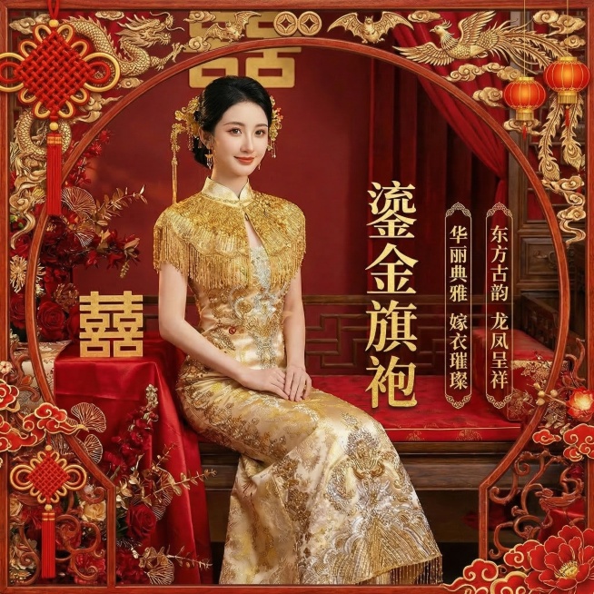 去掉人物后背上方的“鎏金旗袍”横排文字，只保留右侧竖排的“鎏金旗袍”字样，文字不要遮挡人物，添加中式喜庆的传统雕花边框和红金吉祥元素，保留原人物和背景不变预览效果