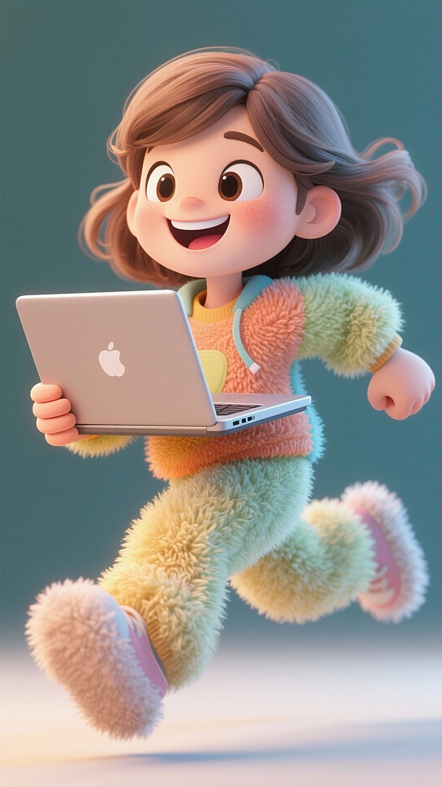 一个卡通女孩，穿着一身休闲服，开心的拿着笔记本电脑，奔跑的姿势