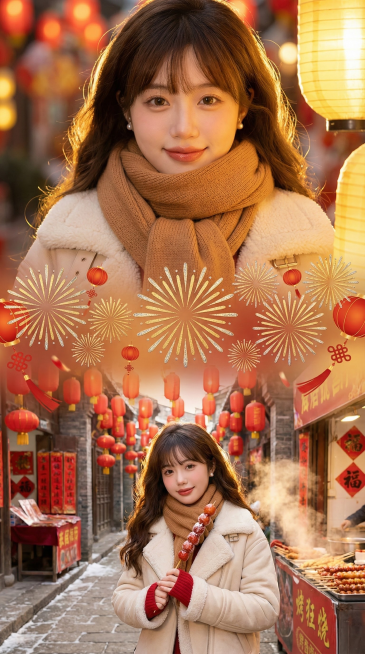 上宫格：大特写镜头，女生脸部特写，身着米白色羊羔毛外套，焦糖色针织围巾绕颈两圈，耳尖缀着珍珠耳饰，新年集市的暖黄灯笼光从侧方洒下，发丝镀着金边，眼神含着对新年的期待，嘴角轻扬带笑。中间衔接元素：大面积预览效果