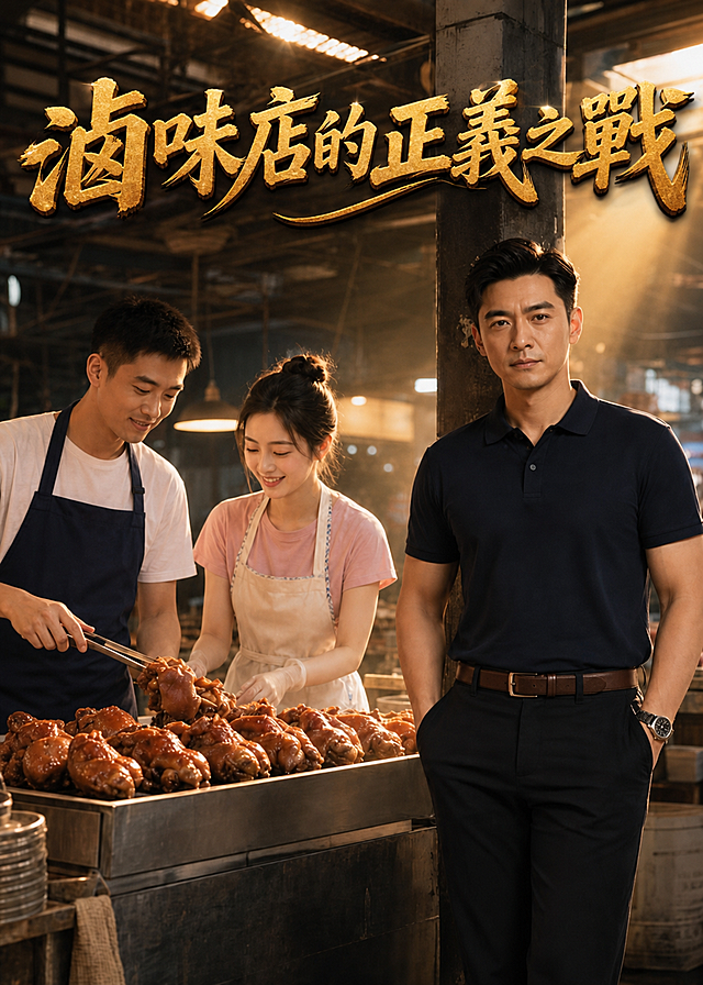 擦除原海报所有文字和信息，保留原图背景和人物场景，重新设计标题字体：繁中字体“滷味店的正義之戰”，字体风格和原画面花体字风格颜色位置一致，电影海报，灵动的曲线，有质感，大师作品。金色字体，保持与原图标题相同的金色质感和立体效果，文字位于海报顶部，单行横向排列，整体风格与原图匹配，保留光影氛围。