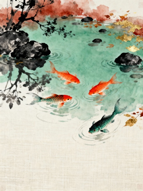 中国传统水墨风格古风背景，画面上部以淡墨渲染出青绿色的水域，水面上点缀着大小不一的黑色岩石，石边有疏朗的墨色树枝倒影，三尾橙红色锦鲤与两尾青黑色锦鲤姿态灵动地游弋，鱼身鳞片细腻有光泽，尾鳍飘逸，水面荡漾着轻柔的涟漪。水域边缘晕染着赭石色与金色的斑驳色块，似落叶或光影洒落，营造出秋日宁静悠远的氛围。画面下部为大面积米白色粗麻布纹理的留白，整体构图简洁空灵，色彩淡雅和谐，墨色浓淡干湿变化丰富，笔触……预览效果