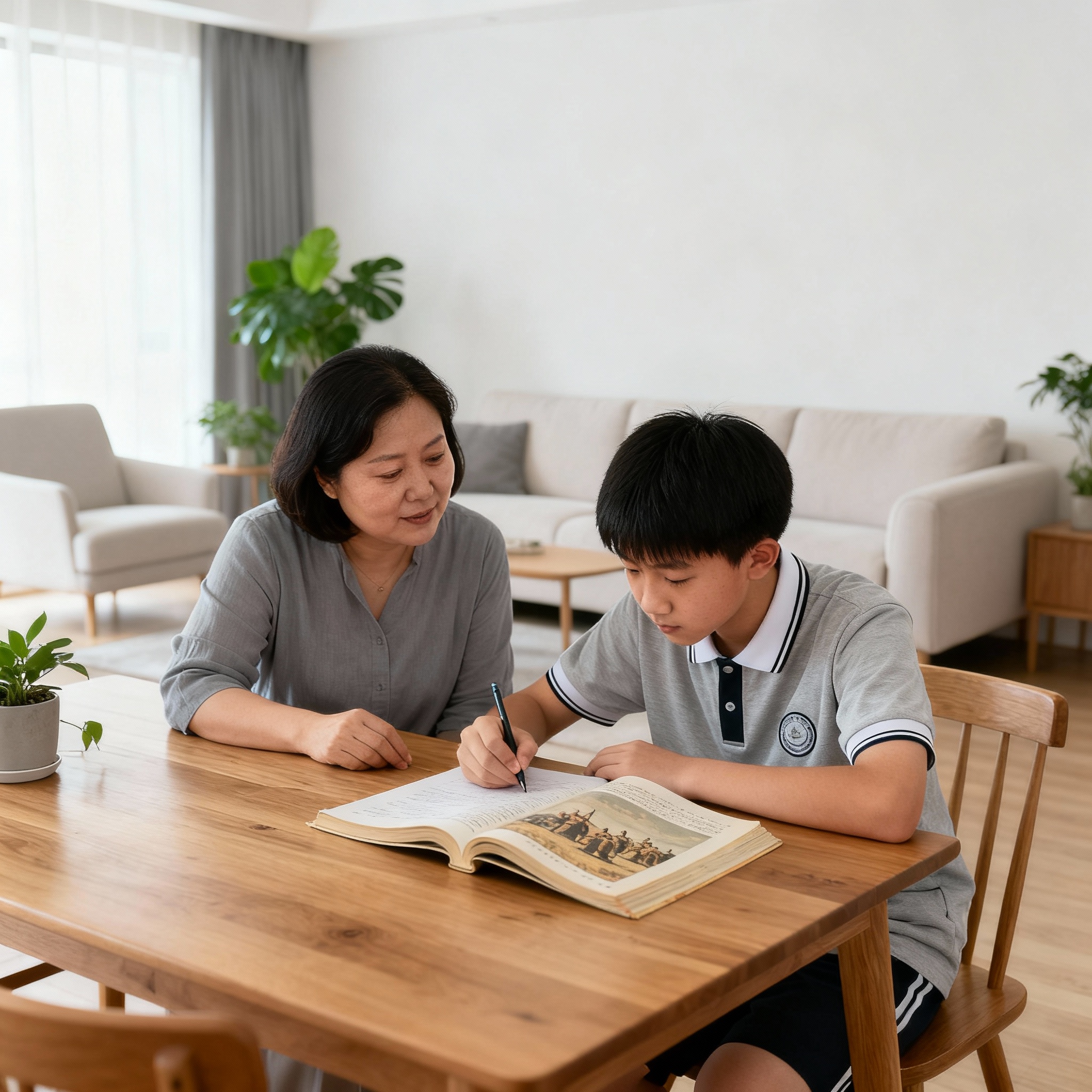 高中家长在辅导15岁的学生作业，孩子穿着校服，中国人面孔，帮我… - 图片创意预览