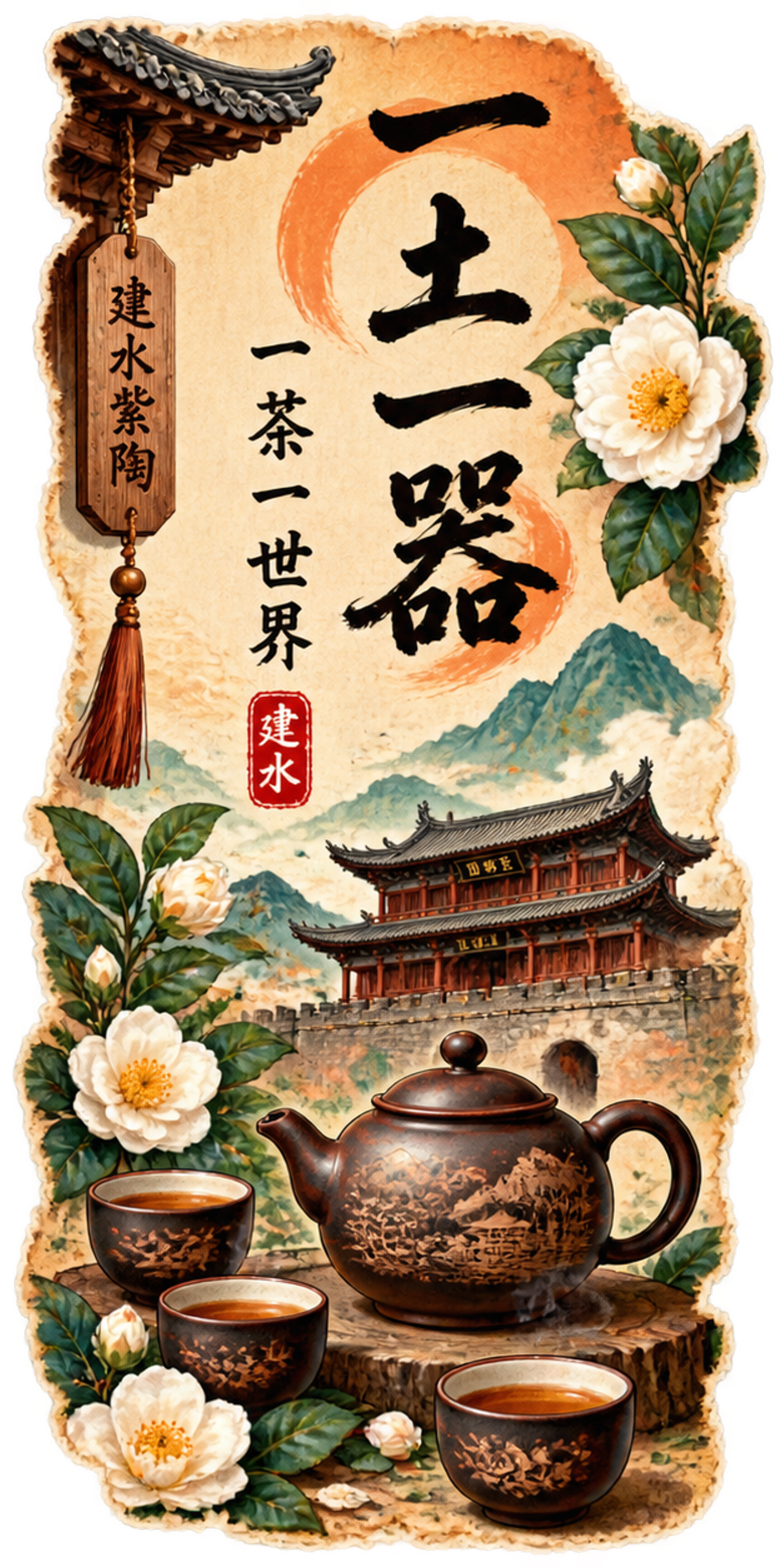 国潮插画风建水紫陶广告KT板设计，竖版长方形，透明背景。画面主… - 图片创意预览