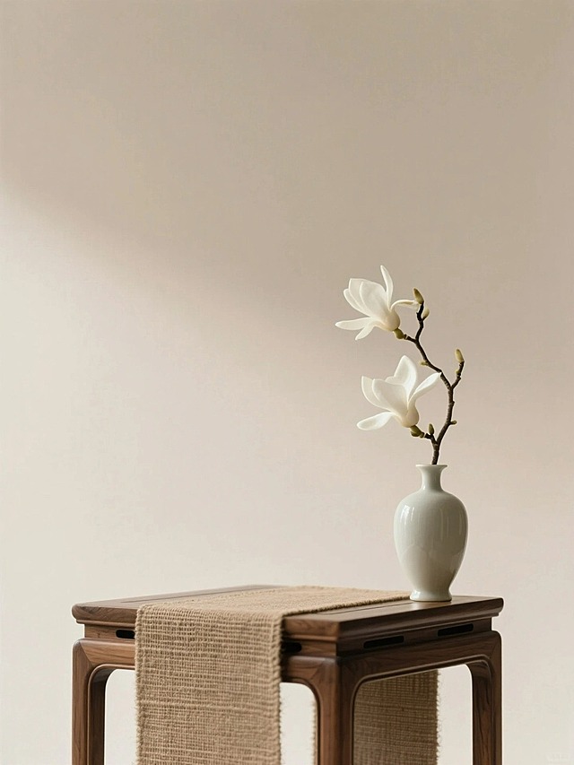 新中式美学，特写的产品展示空场景图。放着粗麻桌布的古朴木质方形案几展台，展台右侧有一个插着一枝白玉兰花枝的花瓶，米色渐变背景，柔和光线