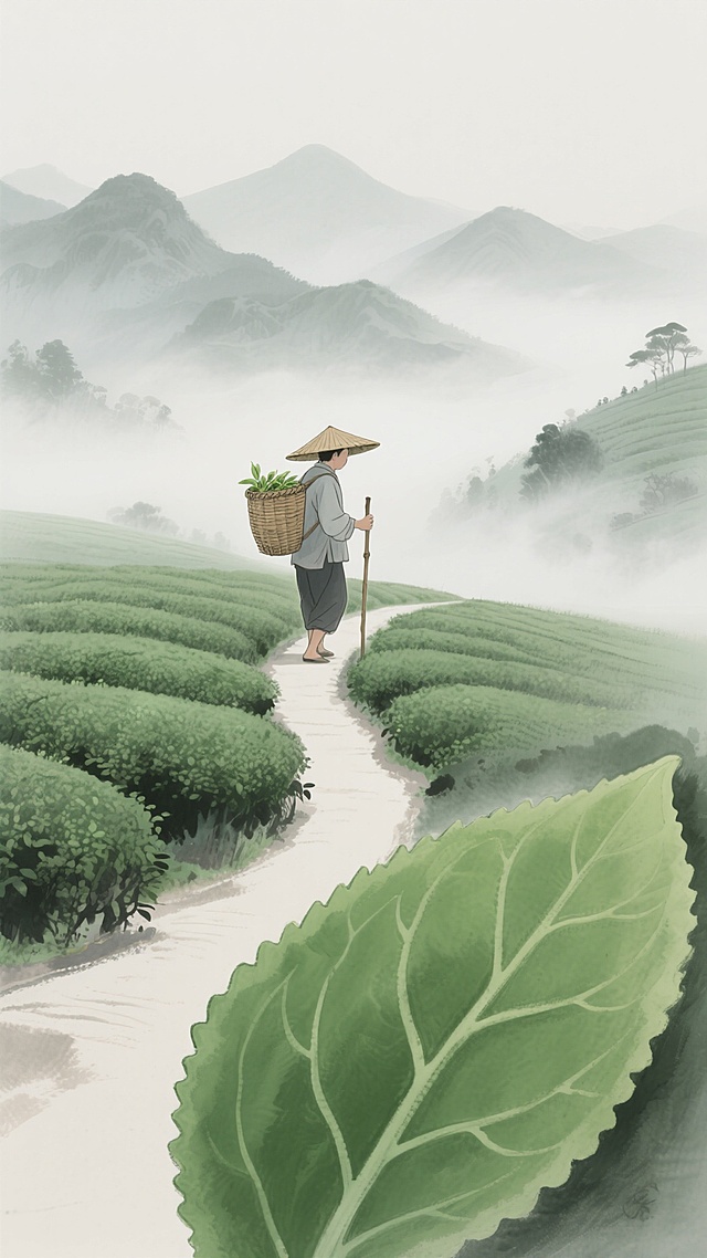 中国风插画风格，淡雅水墨色调，以柔和的灰绿色为主，搭配朦胧的白雾气感，光影柔和，层次分明。画面中央是一片蜿蜒如丝带的绿色茶园小径，一位头戴斗笠、肩背竹篓、手持竹杖的采茶人正缓步前行。小径下方延伸出一片巨大的、脉络清晰的嫩绿茶叶，边缘带有水墨笔触的晕染效果。背景是连绵起伏、轮廓柔和的远山，山峰叠嶂，笼罩在轻薄的云雾中，营造出宁静悠远、空灵禅意的氛围。整体构图采用垂直延伸的视觉引导线，从前景的茶叶向上过渡到小径、人物，再到远景的山峦，形成流畅的视觉层次，传递出自然和谐、悠然自得的茶文化意境。