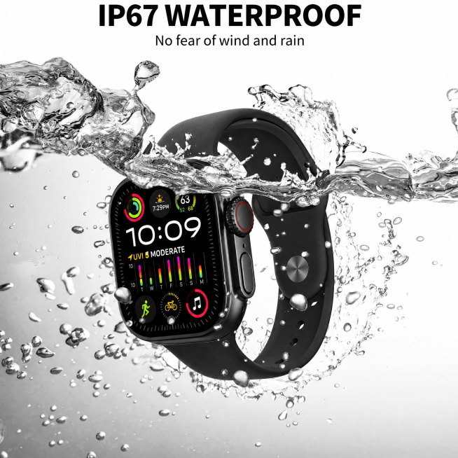 保留原图的水花效果、文字IP67 WATERPROOF No fear of wind and rain，将图中的手表替换为第一张图片里的黑色方形苹果手表，保持整体构图和防水场景不变预览效果