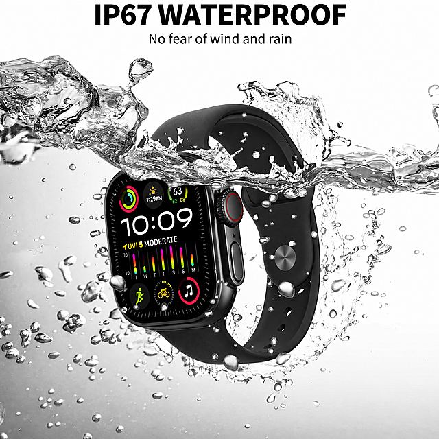 保留原图的水花效果、文字IP67 WATERPROOF No fear of wind and rain，将图中的手表替换为第一张图片里的黑色方形苹果手表，保持整体构图和防水场景不变