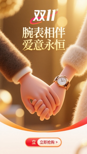 以下是为你生成的AI绘画提示词：

画面整体呈现商业摄影风格，以电影感灯光打造温馨浪漫氛围。照片中心，一对时尚情侣的手温柔相握，男生手部线条有力，女生手部纤细柔美。两人手腕上分别佩戴着优雅奢华的手表，预览效果
