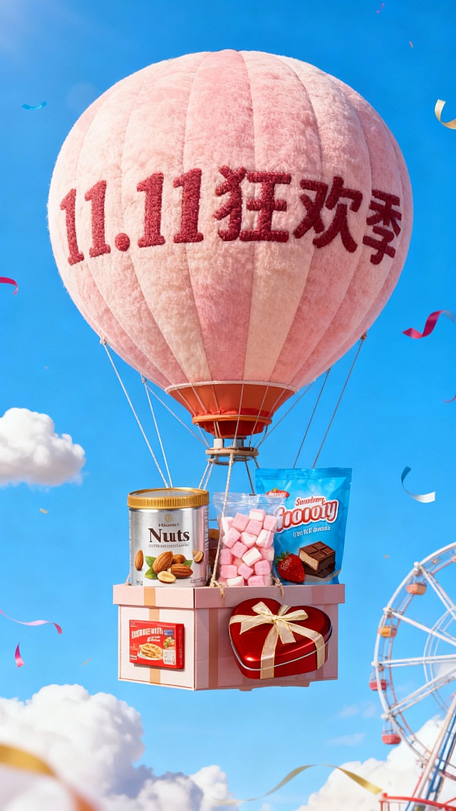 一个带有主体配色的大型热气球，吊篮为礼盒样式，礼盒里放着图中所有物品，气球上绣着“11.11 狂欢季”，背景展示高饱和蓝天、摩天轮、云朵、彩带等元素，营造出活泼、精致的氛围。