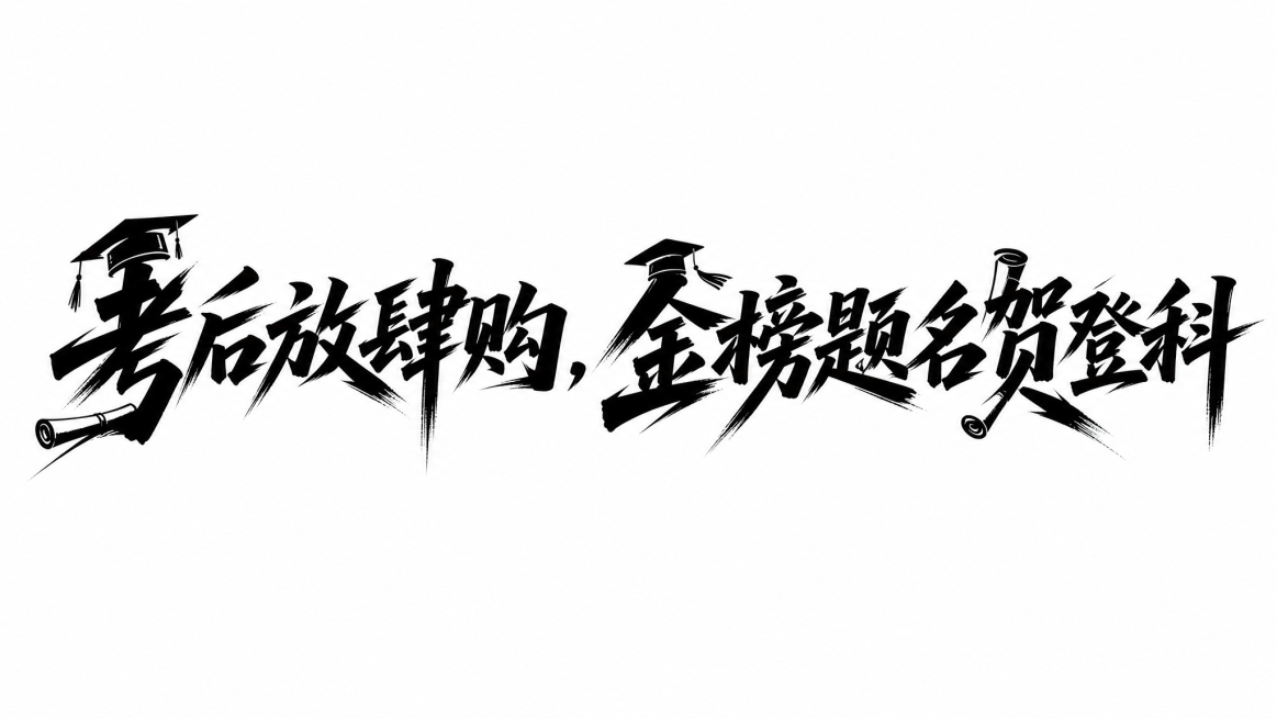 仿图参考设计：参考图风格为霸气凌厉的书法笔触字体，字体厚重有力，笔画切割锐利，末端带有尖刺飞白效果，纯黑色字体配纯白色背景，文字单行横向排列。生成字体文案："考后放肆购，金榜题名贺登科"，将高考状元帽预览效果