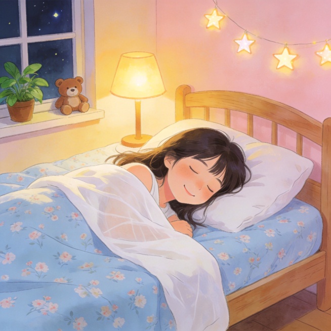 充足睡眠主题手绘插画，展示年轻人舒适入睡的卧室场景，传递每天睡够7-8小时的健康习惯，手绘插画风格，画面温馨柔和，无任何文字预览效果