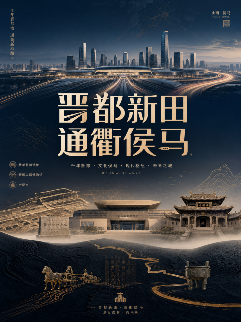 现代风格竖版海报，主题为"晋都新田 通衢侯马"，融合山西侯马晋都新田遗址、晋国古都博物馆、台骀庙等特色元素，展现千年晋都文化底蕴与现代交通枢纽气质，色调大气沉稳，设计简约现代预览效果