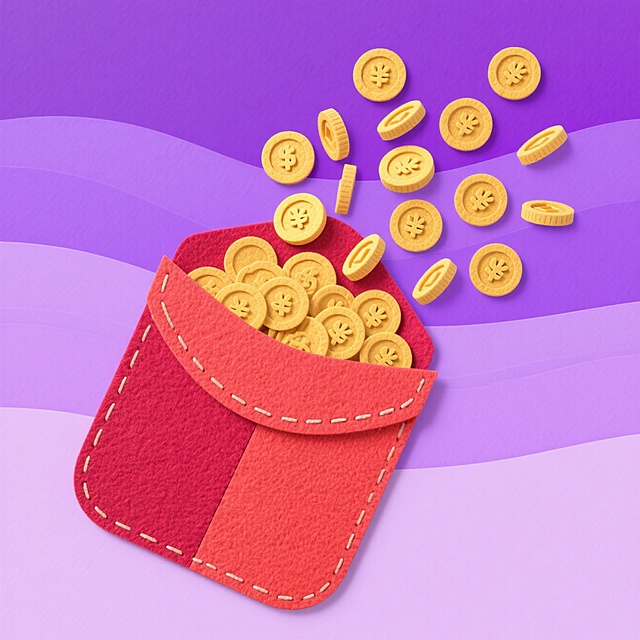 卡通感插画风红包，轻拟物面料质感，金币跃出充满喜庆与体积感，拼贴手法营造节日氛围。