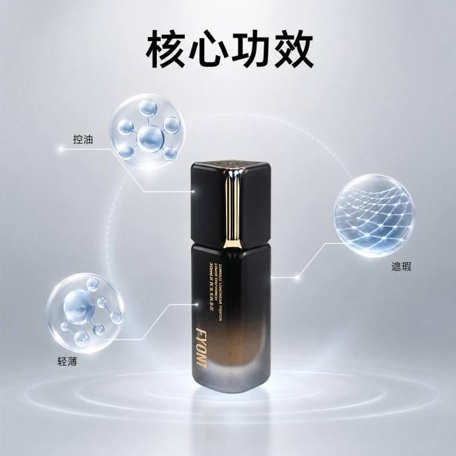 [主图-2] 核心功效成分解析图。
[氛围风格] 科研感，专业纯净美妆
[画质] 高精度写实，画面干净通透，细节清晰。
[元素] 中心位置放置定妆遮瑕粉底液产品，保持与原图一致的黑金外观。产品周围悬浮预览效果