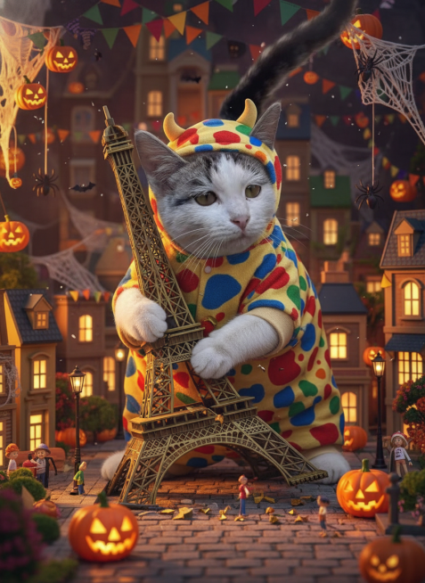 让图片1的小猫变成巨型小猫，穿着小怪兽造型的宠物服，抱住玩具模型的埃菲尔铁塔并破坏埃菲尔铁塔，周边是玩具城市和玩具小人。可爱的万圣节氛围的背景预览效果