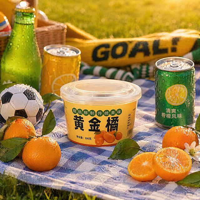 超写实电商产品摄影。
主体：罐装黄金橘食品严格参照上传产品图，完整保留所有可见组件、轮廓、结构、比例、材质、颜色与产品本体上的文字信息（黄金橘、精挑鲜制传统美味、净含量100克等），完整保留标签和透明盖子样式，与上传图完全一致；自然融入场景光影，与场景共处同一物理空间；包装不得扭曲变形，产品完整清晰。
构图：45度俯拍，产品放置在画面中心。
风格：夏日足球迷聚会氛围，热情活力。
场景：户外球迷观赛野餐，绿茵草坪旁。
搭配：①产品放置在格子野餐垫上；②旁边放一个小型足球造型装饰点缀；③周围散落几颗新鲜黄金橘和几罐冰镇汽水，瓶身带水珠。
背景：远处模糊的绿茵草地，暖黄昏光。
配色 / 材质：青草绿色，格子蓝白配色，金色装饰，橘子暖橙色；棉麻野餐垫，冰镇玻璃汽水瓶。
光影：主光为黄昏暖调夕阳，氛围热情活力，整体暖色调。
严格锁定宽高比为 1:1
