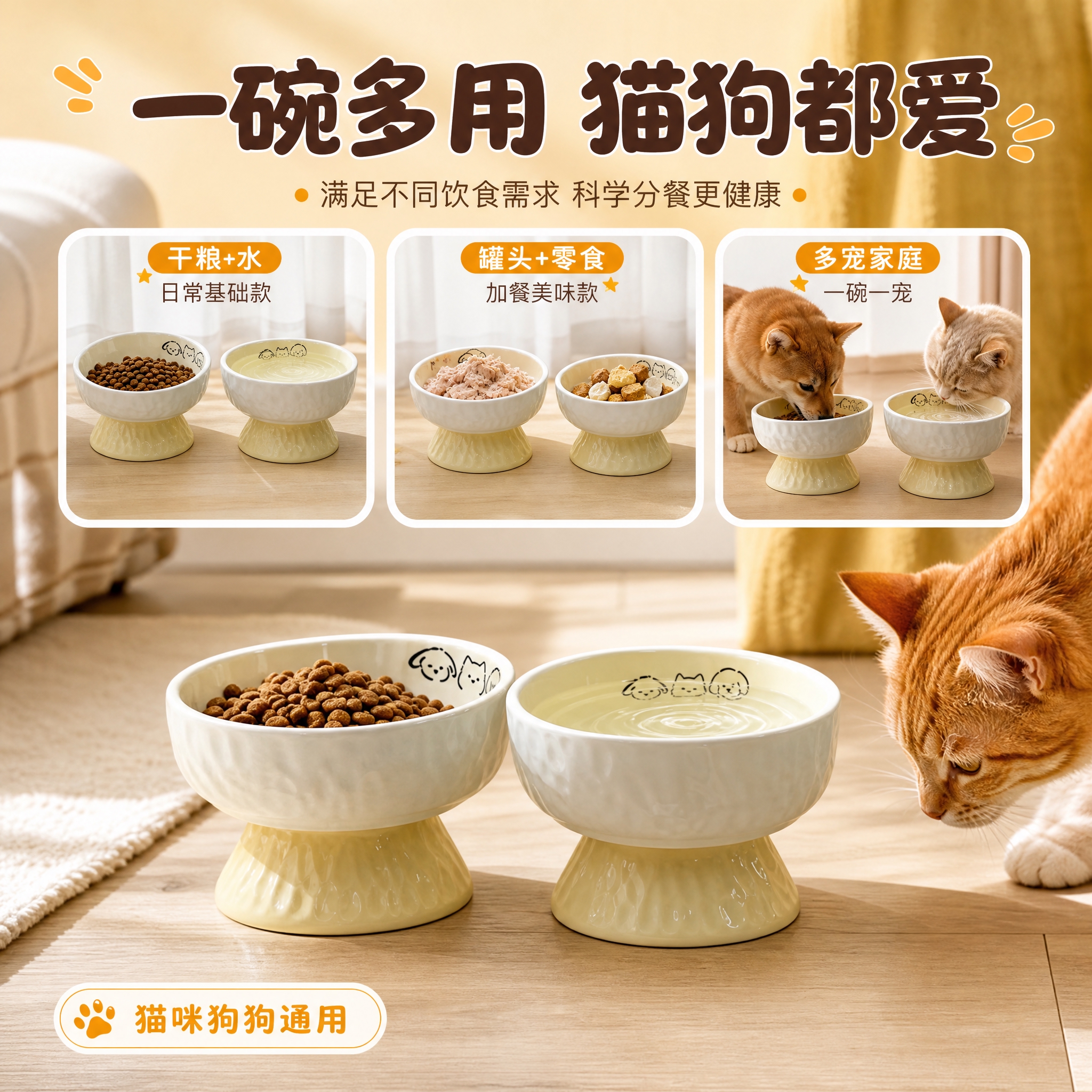 [主图-4] 拼多多宠物陶瓷高脚双碗多场景使用图，核心任务：展… - 图片创意预览