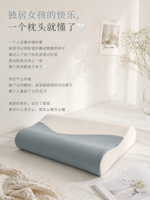 小红书种草风格海报，只有图中的双芯波浪记忆枕，蓝白灰拼色，整体简约干净网感，搭配文案：标题“独居女孩的快乐，一个枕头就懂了🤍”，正文“一个人住最幸福的事 就是可以把卧室折腾成想要的样子 最近入了这个预览效果