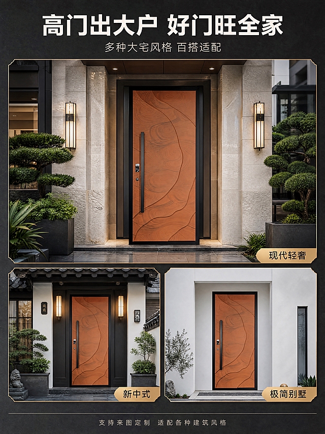 [商品] 使用【图1】臻尚铂门流线年轮浮雕全铝别墅大门；保留产品外观、颜色、结构与材质；产品精修，在各场景中自然融合。
[画面] 页面目标：多场景适配展示，不同风格大宅入户效果，增强代入感。多空间拼图型版式，上方1张大图+下方2张小图的宫格布局。大图：现代轻奢别墅正门，大门两侧石材立柱+景观绿植；左下小图：新中式大宅入户，大门搭配铜灯+青石板地面；右下小图：极简现代别墅，大门搭配纯白墙面+极简景观。三张图中大门外观一致。
[视觉] 套系策略：风格=高端现代轻奢大宅商业摄影；标题字=现代无衬线粗体；正文字=简洁无衬线体；主色=深炭灰；背景延展=基于深炭灰做深浅渐变、石材纹理质感、暖铜色环境光；强调色=暖铜金，仅用于图标、引线、标签、分隔线；标题色=暖白色；正文色=浅灰色；组件=细铜金边图片框、铜金色角标；光影=各场景自然光真实，大门光影与场景融合自然，无悬浮感。
[文字] 顶部居中主标题「高门出大户 好门旺全家」暖白色粗体；副标题「多种大宅风格 百搭适配」浅灰色。每张图右下角贴铜金色标签：「现代轻奢」「新中式」「极简别墅」。底部铜金色细横线，下方小字「支持来图定制 适配各种建筑风格」浅灰色。
[规格] 图片比例3:4竖版，4K分辨率，大门在各场景中比例正确不变形，场景真实自然，文字手机端可读，无错字，无水印无平台Logo。
