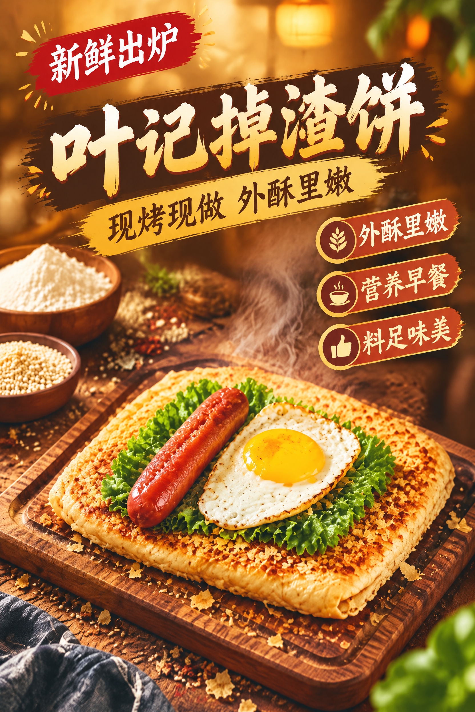 将这张掉渣饼美食海报改为竖版2:3竖式海报，保留原有的全部文字… - 图片创意预览