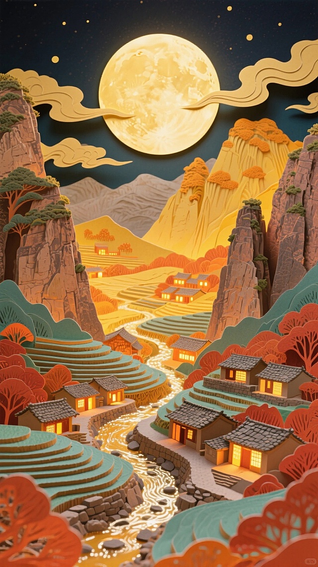 撕纸风与剪纸风交融的中式夜景，月光洒落梯田村落，光影交错间流露梦幻与温馨，微缩艺术感营造静谧中秋意境。这是我的家乡，林州市