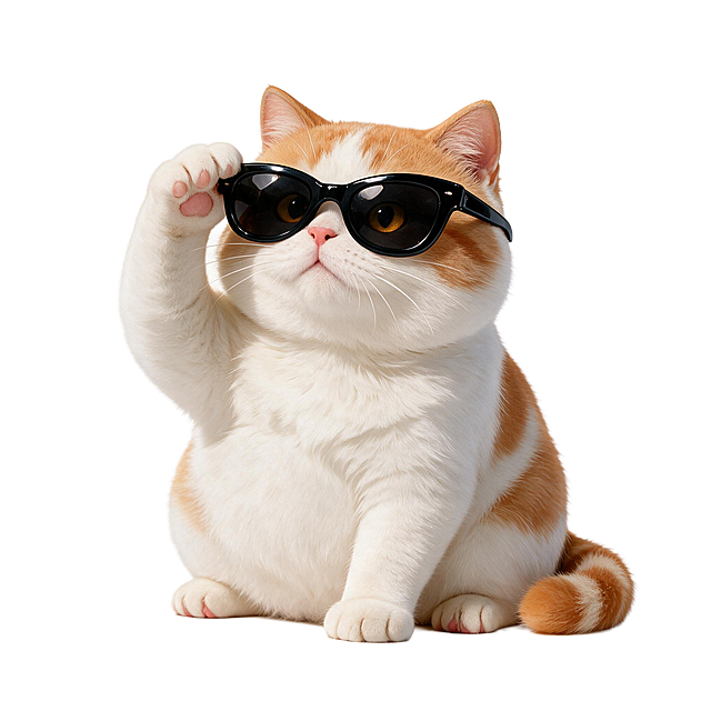 将这只猫咪转为真实的照片效果，保持白橘相间的短毛胖猫咪形象，戴着黑框墨镜，一只肉垫爪子抬起扶着墨镜边框的耍帅姿势，粉鼻头、软乎乎的肉垫，酷拽大佬气场，萌感和高冷反差强烈，纯白色背景，超写实摄影风格，高清毛发细节，真实光影质感