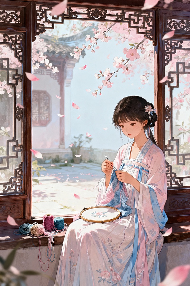 古典中式插画风，工笔细腻，水彩晕染，少女窗前刺绣，樱花纷飞，春日温馨浪漫，文艺优雅，尽显东方唯美意境。