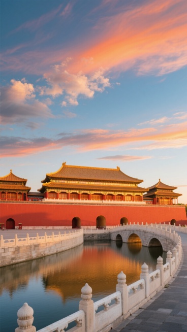 故宫午门全景，金色琉璃瓦在绚烂晚霞映照下熠熠生辉，红色宫墙庄重威严，白玉石桥横跨金水河，蓝天白云与橙红渐变的晚霞交织，整体画面干净通透，符合现实建筑比例与光影逻辑，适合作为背景素材使用，写实摄影风格，清晰的建筑细节，恢弘大气的历史氛围，开阔的视野构图。预览效果