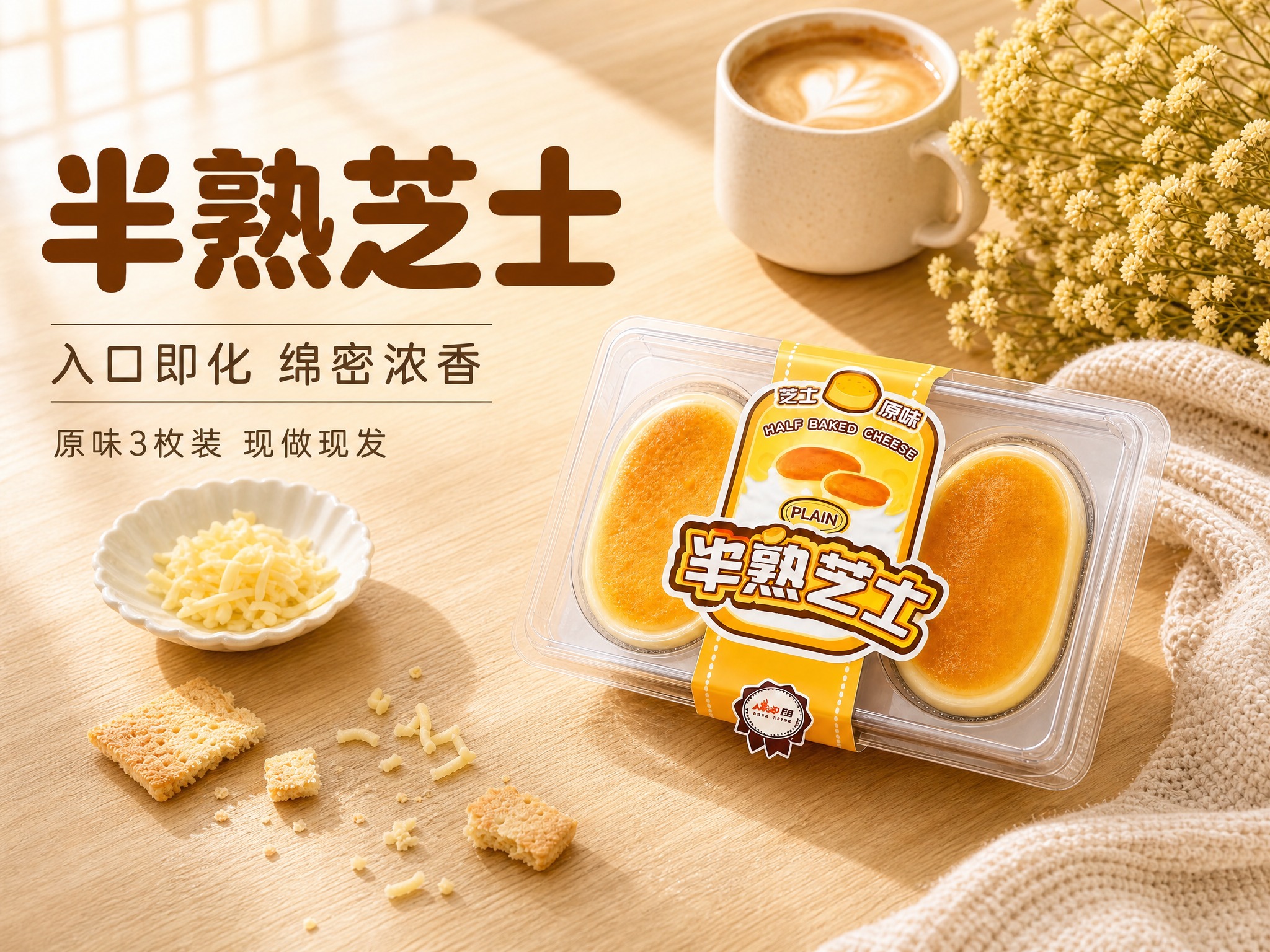 保持画面内容不变：透明塑料盒装3枚装原味半熟芝士放在画面右侧，… - 图片创意预览