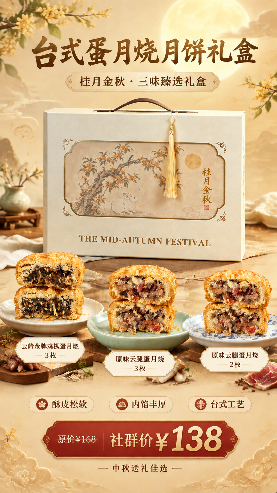 基于原海报进行修改：将左侧的"秘制卤牛肉蛋月烧"月饼替换为【图… - 图片创意预览