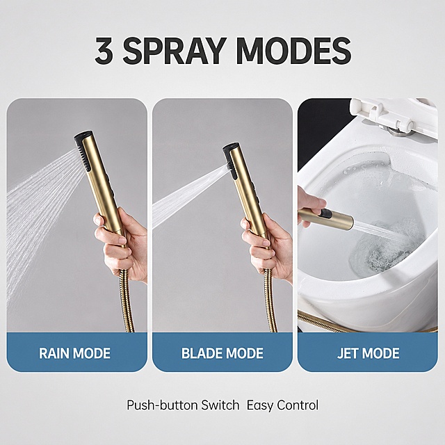 Amazon function feature main image 3. Three spray modes demonstration layout for brushed gold handheld bidet sprayer. Light grey gradient background clean and modern. Top center large bold title "3 SPRAY MODES" in dark grey sans-serif font. Below title three equal rounded-corner image panels arranged horizontally. Left panel shows hand holding sprayer with wide rain shower water pattern label "RAIN MODE" below. Middle panel shows hand holding sprayer with thin blade-like flat water jet label "BLADE MODE" below. Right panel shows hand holding sprayer with strong focused jet stream cleaning inside toilet bowl label "JET MODE" below. Each panel has realistic water flow natural lighting brushed gold metal finish. Bottom area small text "Push-button Switch  Easy Control". All text in English no Chinese. Keep sprayer wand shape button layout color material identical to reference product image. Commercial product render style clean sharp high contrast. 1:1 square composition. Negative: blurry deformed Chinese text watermark messy background platform logo