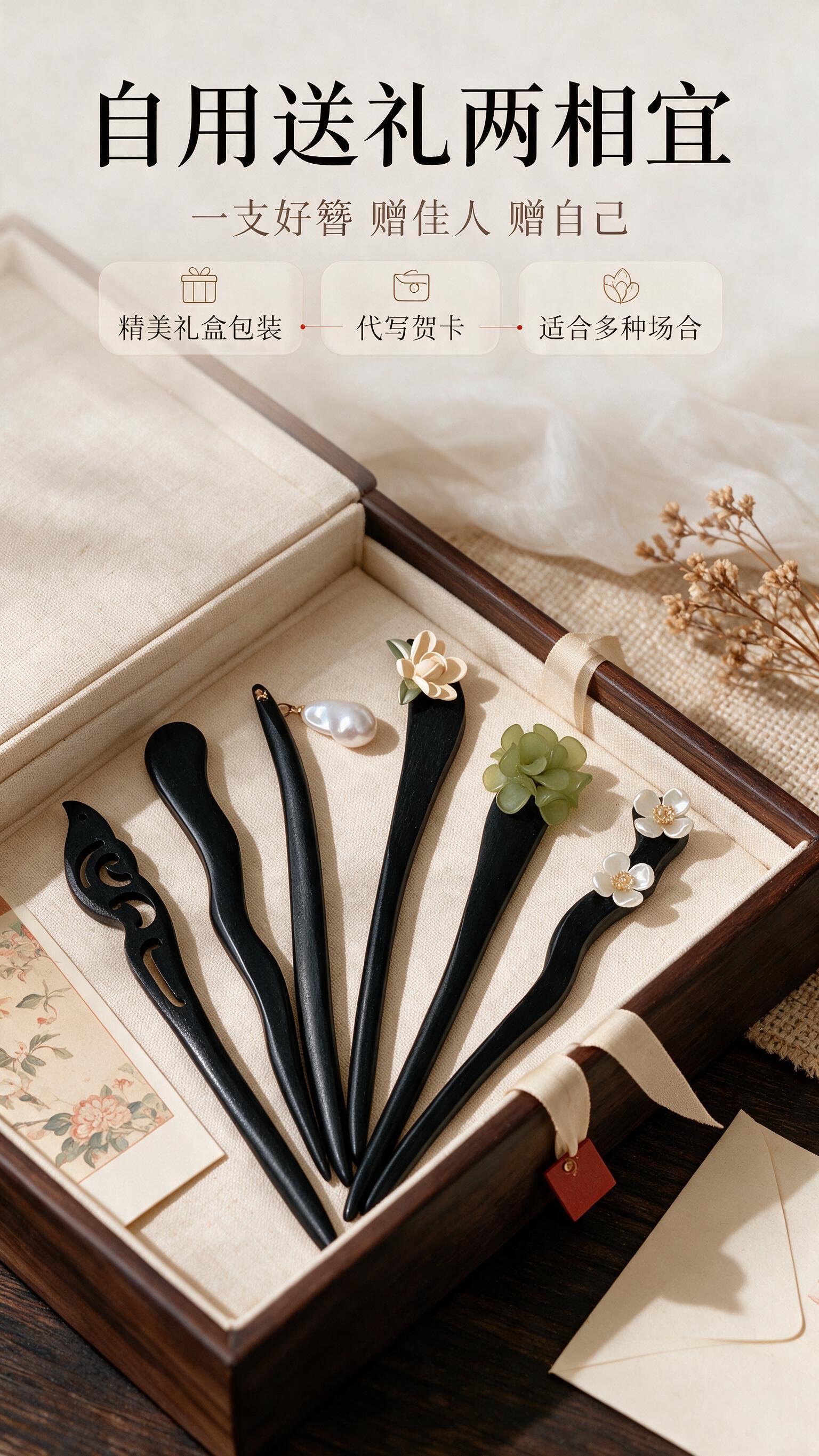 [商品] 使用【图1】全套6款黑檀木发簪；保留每款造型与颜色；… - 图片创意预览