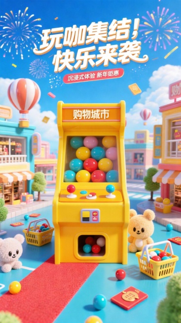 将顶部的主题“玩咖集结！快乐来袭”和小标题“沉浸式体验 新年钜惠”放大，把中间的弹珠机替换为正面角度的弹珠机预览效果