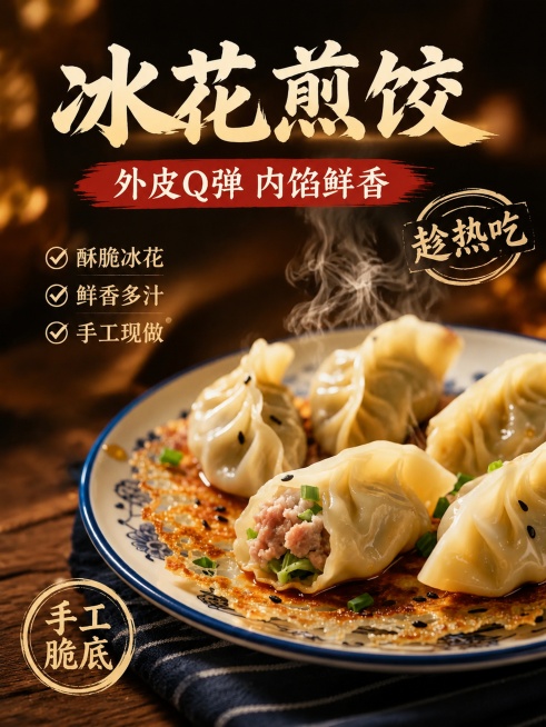 将海报改为竖版画面，保留全部文案内容：主标题"冰花煎饺"，副标题"外皮Q弹 内馅鲜香"，卖点酥脆冰花、鲜香多汁、手工现做，装饰文字趁热吃、手工脆底。冰花煎饺产品保留原图外观和食欲感，整体调整为竖版构图预览效果